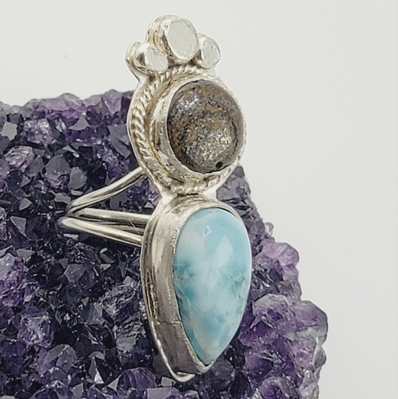 LARIMAR & BRONZITE HANDMADE RING IN STERLING SILVER METAL SIZE 7.5 - Picture 4 of 6